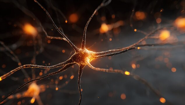 A microscopic view of a neuron network, highlighted by fiery particles