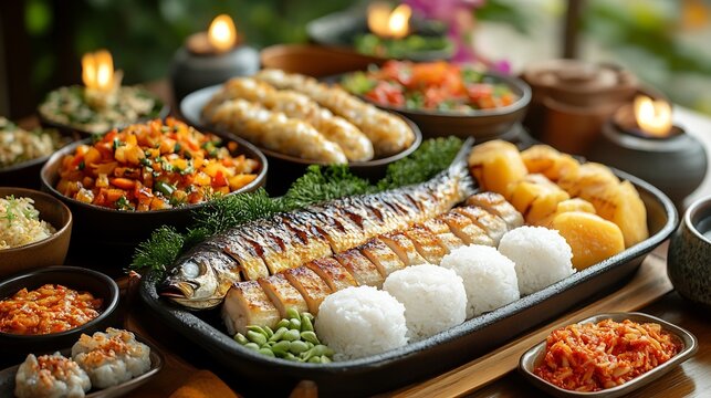 Harvest festival table with grilled fish steamed rice vegetables and traditional rice cakes surrounded by fall themed decorations and candles