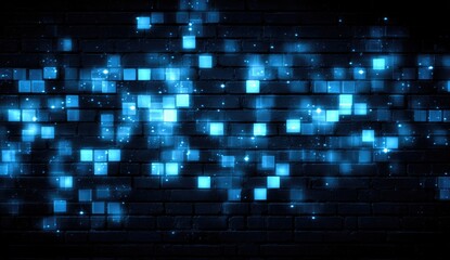 Glowing blue squares on dark brick wall