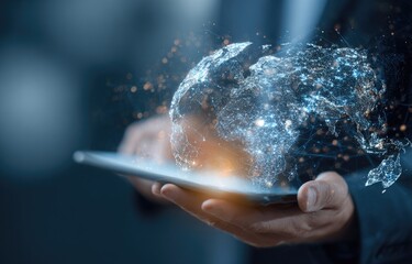 A person holds a tablet, a holographic globe appears on the screen