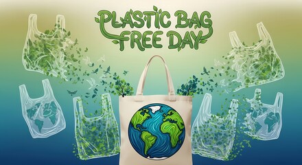 Plastic bag free day celebration with eco-friendly reusable bags and earth illustration design for environmental awareness