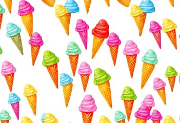 Obraz premium Vibrant ice cream cones in assorted flavors form a cheerful seamless repeat pattern on white, repeat, kawaii