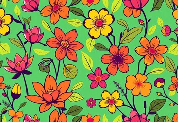 Vibrant manga-style floral seamless pattern with bold lines and stylized blossoms,  sweet,  art