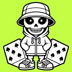 Playful Skull Character in Hoodie, Bucket Hat, Holding Dice;  Black and White Line Art;  Gambling Theme Illustration.