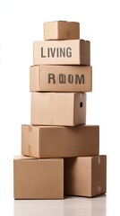 Stack of moving boxes in a living room setup.
