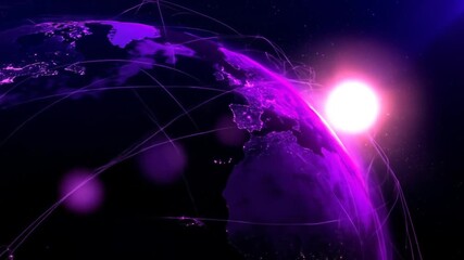 Animated Earth Globe with Global Connection Lines and City Lights in Purple Tones on Black Background and Sun Flare - Powered by Adobe