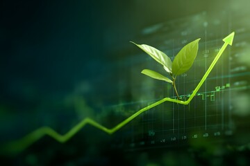 Green plant growing on an upward trending financial graph. Sustainable investment, green economy, environmental business growth, and future finance.