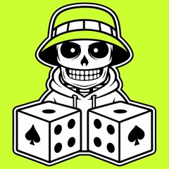 Cartoon Skull in Hoodie Holding Dice:  Gambling, Luck,  Risk, Vector Illustration, Pop Art Style