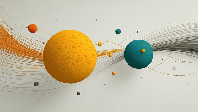 Abstract scene with textured spheres and flowing lines