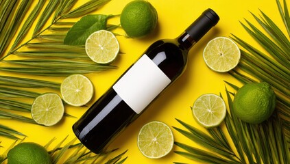 Wine bottle surrounded by limes and palm leaves on a bright yellow background