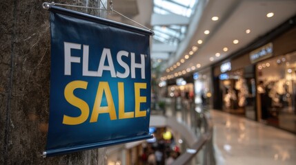 A vibrant flash sale sign hangs prominently in a shopping mall, enticing shoppers. The modern interior showcases various stores, filled with eager customers browsing and enjoying shopping.