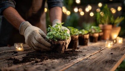 Hands in gloves plant young herbs in small pots on a rustic wooden table outdoors at dusk