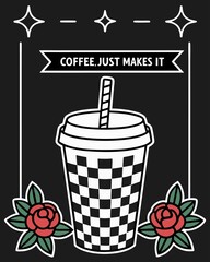 Stylish Checkered Coffee Cup with Roses: Dark, Bold, and Trendy Graphic Design