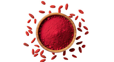 A wooden bowl filled with vibrant red goji berry powder, with whole goji berries scattered around, isolated on transparent background