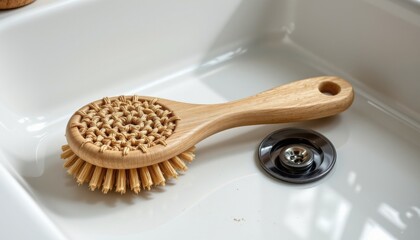 a futuristic low impact sink scrub tool built using coconut husk fiber, designed with woven natural fibers, including biodegradable packaging included, isolated product render on white background.