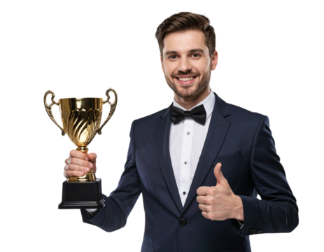 Award-Winning Actor Holding a Trophy, isolated on transparent background PNG