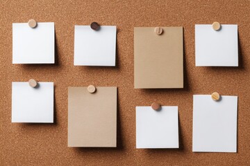 Empty white and brown sticky notes pinned on a corkboard for reminders, planning, organization, or creative workspace concepts.