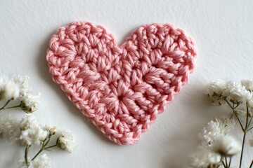 Pink crochet heart on white
