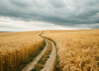 Fototapeta premium Wheat field under cloudy sky with trail leading to horizon