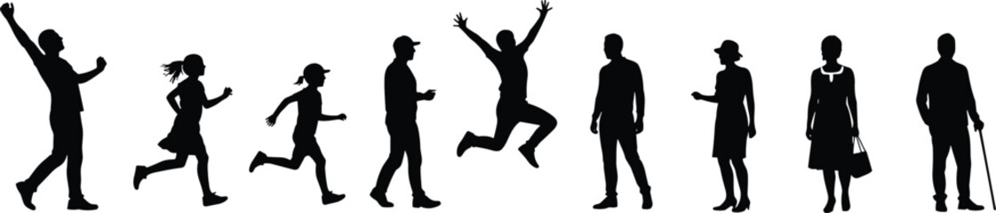 People silhouette, walking, running, jumping, standing, various ages, human activity poses, family generation concept, lifestyle illustration, active movement, black vector design.
