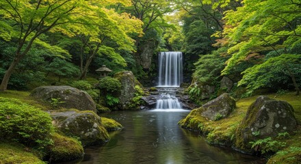 Lush green forest waterfall cascading into a serene pond