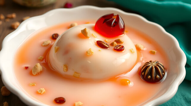 Pakistani doodh dulari colorful milk based dessert jelly and nuts served in white bowl