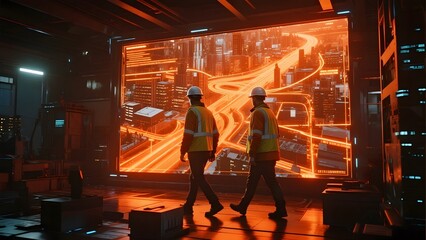 Two workers in reflective vests walk past a large screen displaying a futuristic cityscape with illuminated roads.