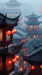 Fototapeta premium Ancient Chinese building illuminated with red lanterns for New Year Eve.