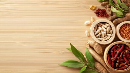 Medicine Traditional Chinese medicine herbs and roots displayed in a wooden box.