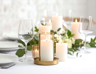 Elegant table setting with candles and greenery