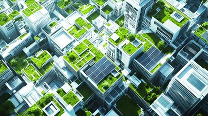 Aerial view of futuristic green city with solar panels and rooftop gardens.