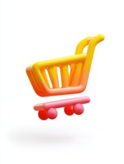 A vibrant shopping cart designed in shades of yellow and pink appears to float above a plain white background, evoking a sense of fun and joy associated with shopping.