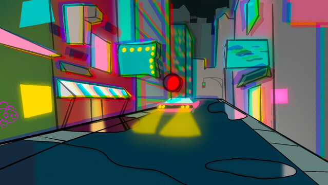 Colorful Neon City Street at Night Illustration