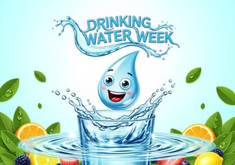Celebrating drinking water week with happy water droplet and fresh fruits for healthy living promotion