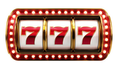Classic red casino slot machine showing lucky 777 jackpot combination, isolated on transparent background