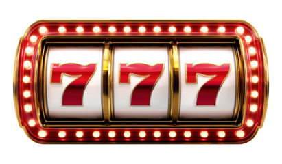 Classic red casino slot machine showing lucky 777 jackpot combination, isolated on transparent background