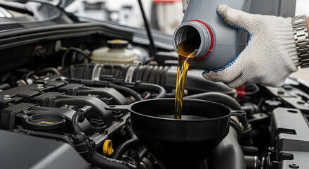 Auto Mechanic Changing Car Oil with Protective Gloves in Engine Compartment Showing Detailed Vehicle Maintenance and