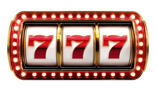 Classic red casino slot machine showing lucky 777 jackpot combination, isolated on transparent background