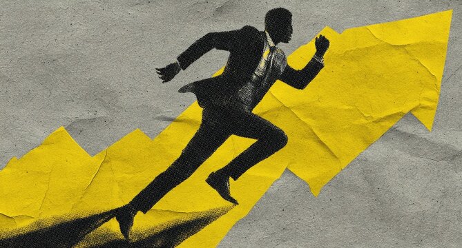 Silhouette of a businessman running on a yellow upward graph