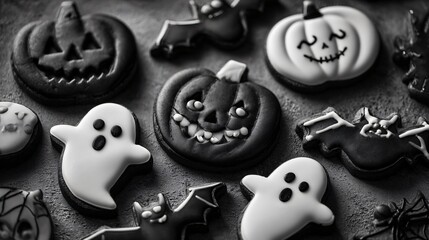 An elegant black-and-white Halloween cookie set, with moody background
