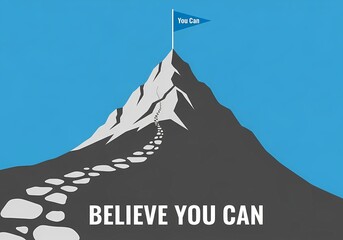 Motivational concept of perseverance with mountain path and encouraging flag for inspirational design