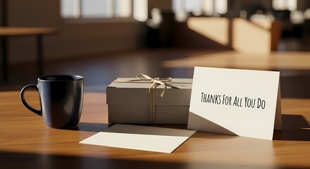 Gratitude appreciation card with gift box and coffee mug on wooden table - perfect for employee recognition or thank you events