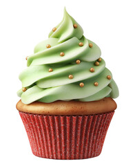 Festive Christmas cupcake with green frosting swirl isolated on transparent background