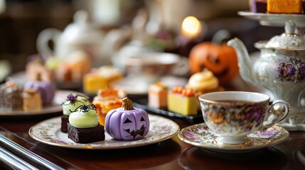 Halloween high tea setup with themed desserts and teacups