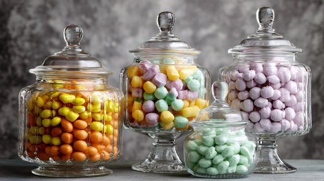 A glass apothecary jars filled with pastel Halloween candy, neutral backdrop