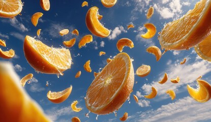 Orange slices flying in the air against a partly cloudy blue sky