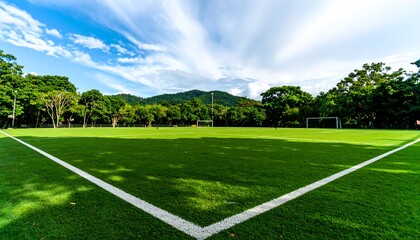 Obraz premium Vast Green Soccer Field with White Lines and Lush Trees Under a Blue Sky.