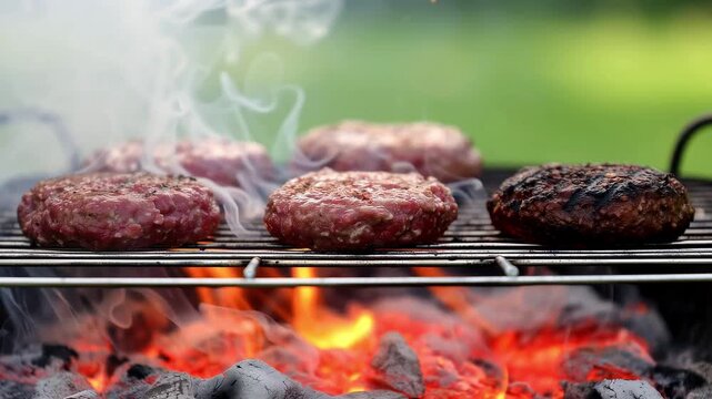 Beef burger patties on barbecue grill close up smoky charcoal fire cooking process outdoor summer barbecue food photography delicious meat grilling concept picnic backyard lifestyle flame heat prepara