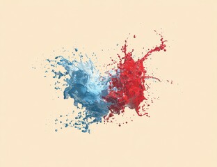 Abstract splash of red and blue paint on a beige background