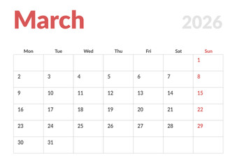 Monthly page Calendar Planner Template design of March 2026. Vector layout of calendar with week start Monday for Scheduling. Page for size A4 or 21x29.7 cm